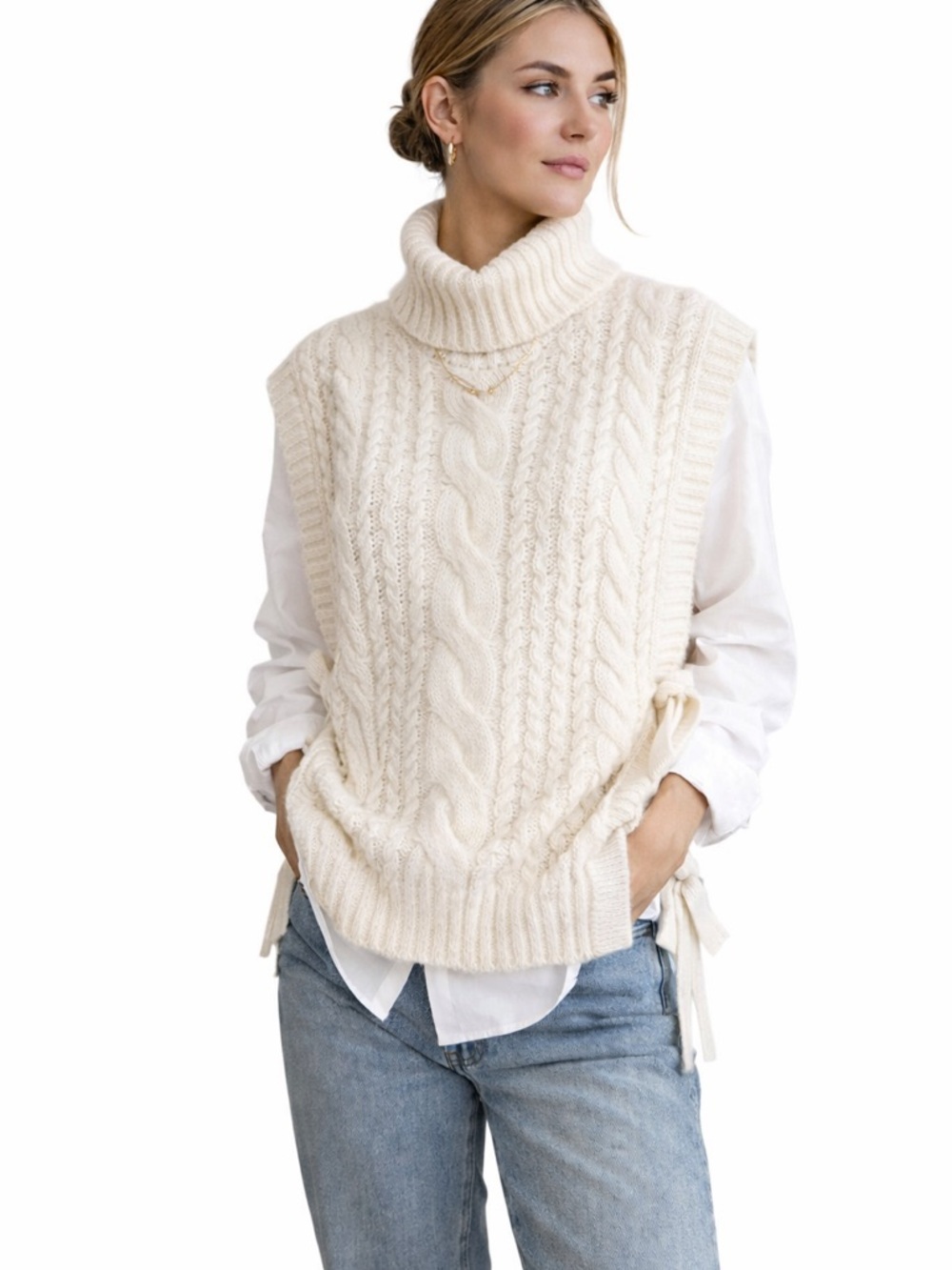 Stella Nova Cream Cable Knit Sweater Vest Turtleneck Size M